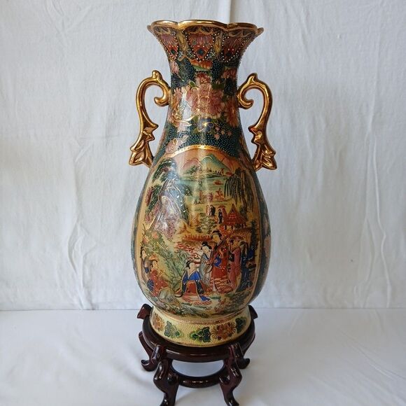 Satsuma Style Large Asian Morriage Porcelain Gold Handle W/ Stand 18" - Picture 6 of 13